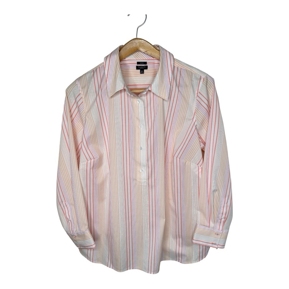 Talbots Non Iron Tunic Blouse Flourish Stripe Size 2X Petite White Orange Gold
